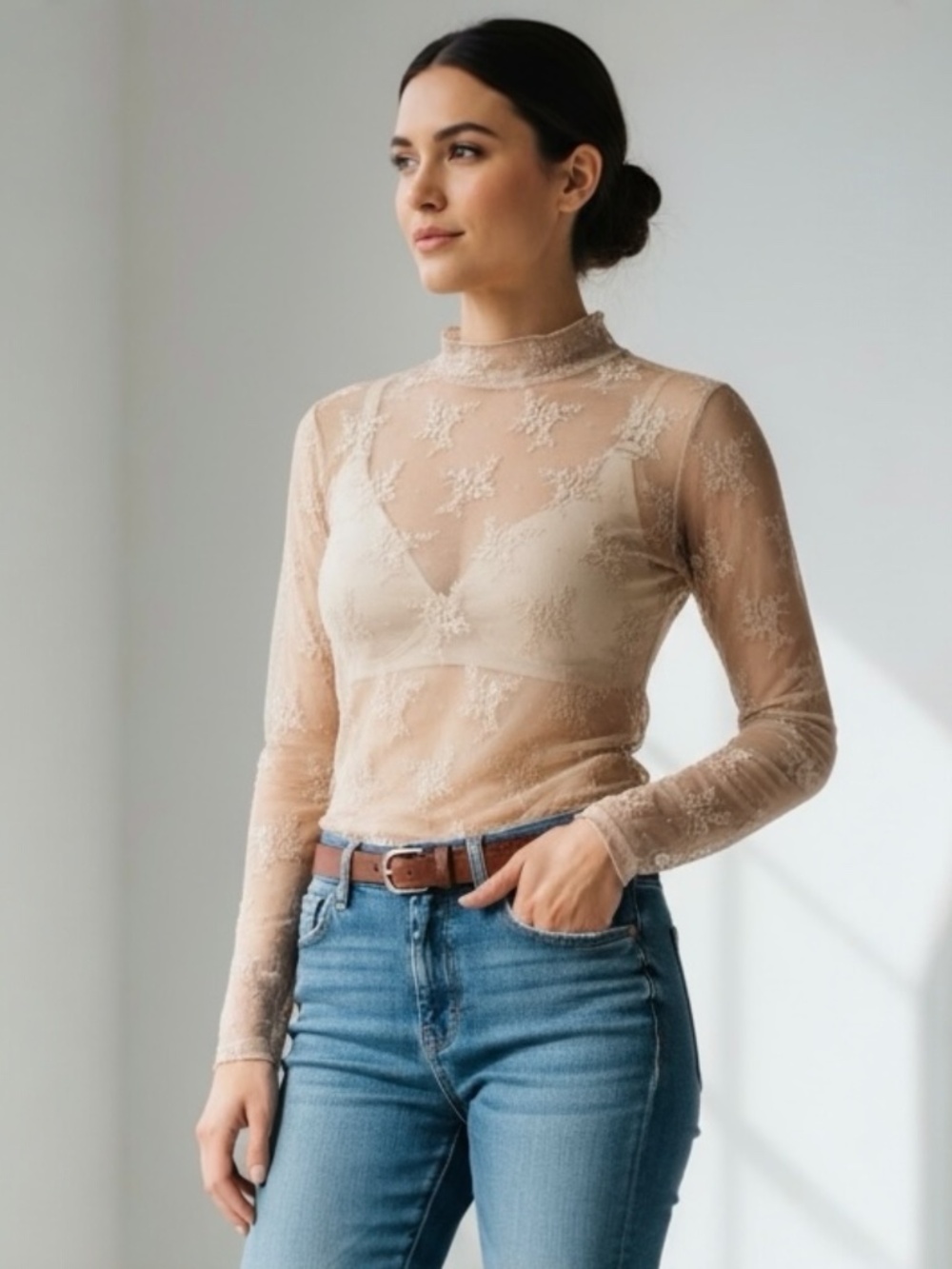 New Sheer Mesh Floral Layering Top in Coffee Size Medium